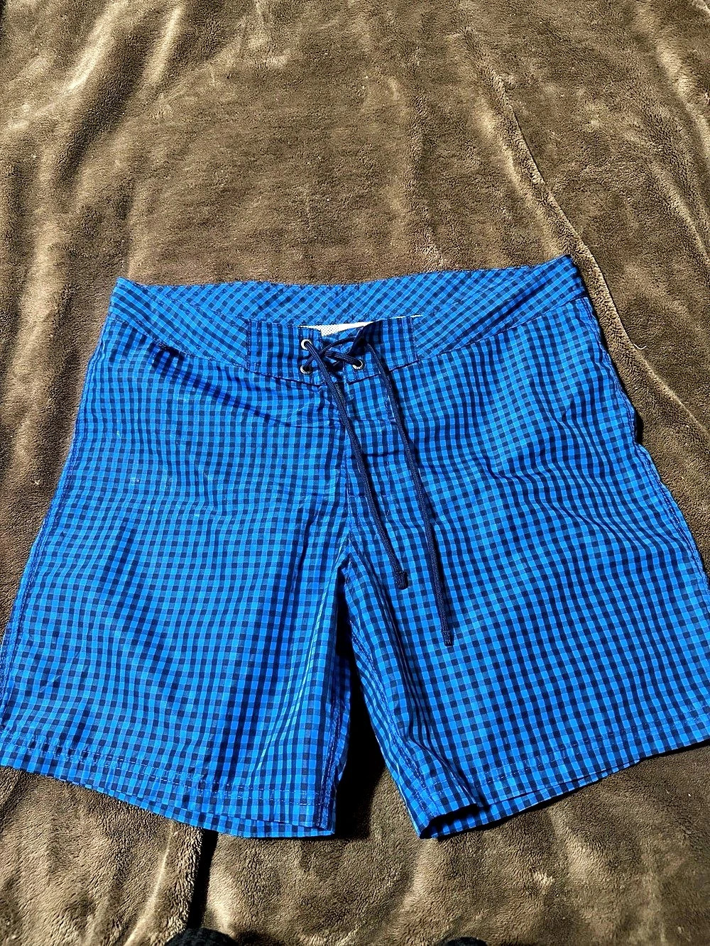 Sundek Gingham Print Elastic Waist Swim Trunks Blue & Black Waist 34